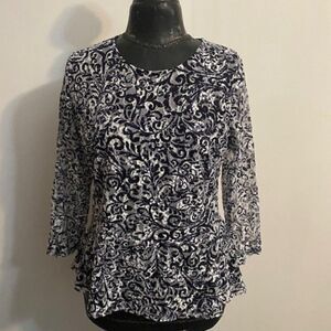 Rafaella Blue/Gray/White Paisley 3/4 sheer sleeves Peplum top, size L